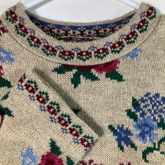 Womens Vintage 90s Dana Scott Floral Sweater Crew Neck Tan Red M Acrylic - Picture 3 of 8